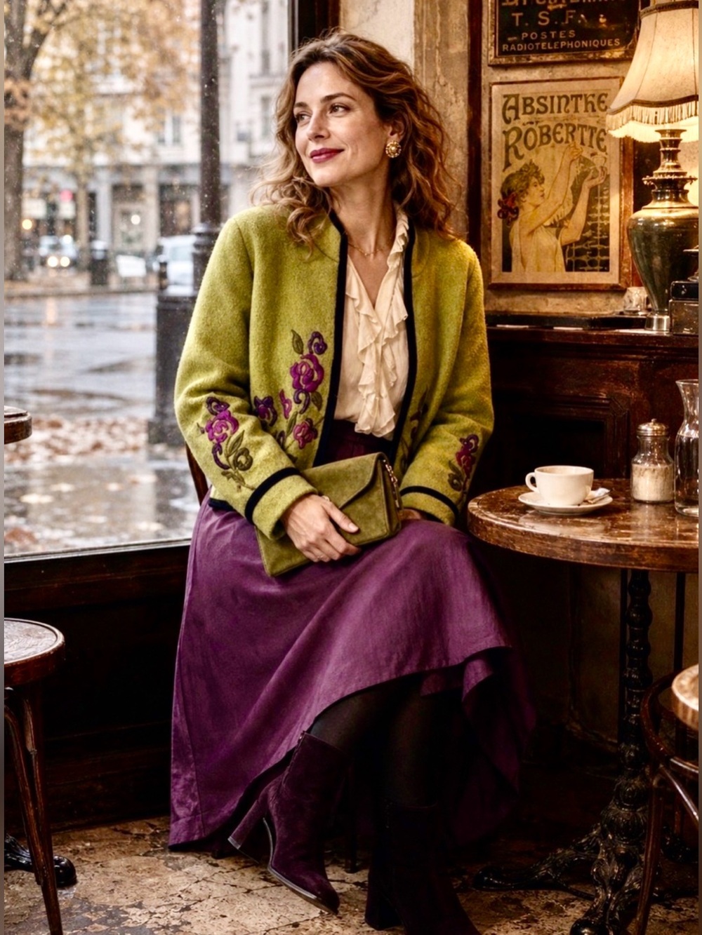 Y2K Icelandic Design 100% Wool Embroidered Jacket Apple Green Floral Size S